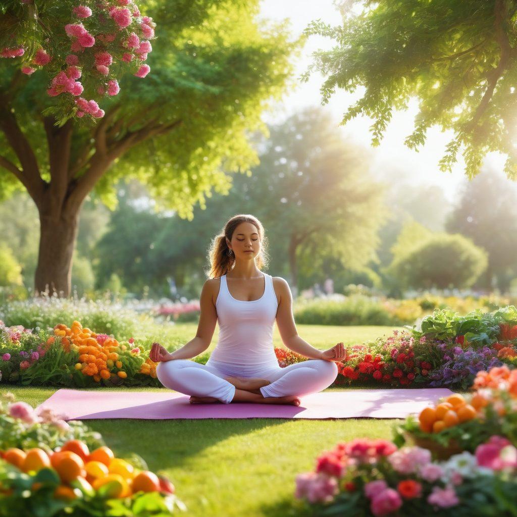 A serene landscape featuring a tranquil scene of a person practicing yoga in a sunlit park, surrounded by vibrant greenery and blooming flowers, symbolizing renewal and healing. In the background, a soft focus of fresh fruits and vegetables arranged artistically, representing nourishment. Bright, uplifting colors to evoke a sense of hope and vitality. super-realistic. vibrant colors. white background.