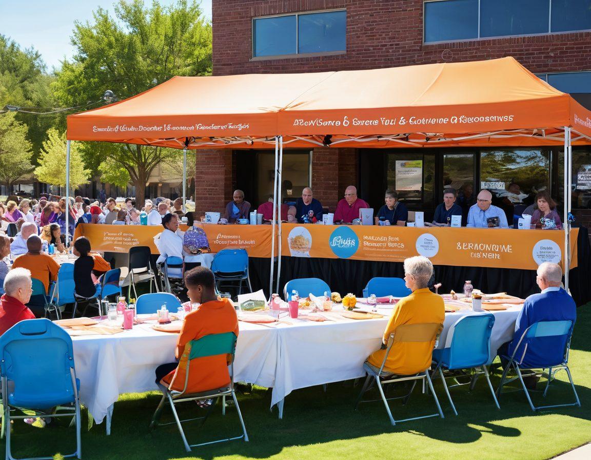 A vibrant community gathering showcasing diverse cancer survivors and supporters engaged in sharing stories and offering resources, with a backdrop of an encouraging and comforting environment. Include elements like a support circle, informational booths, and uplifting quotes displayed on banners. Warm colors and hopeful expressions should dominate the scene. super-realistic. vibrant colors. 3D.